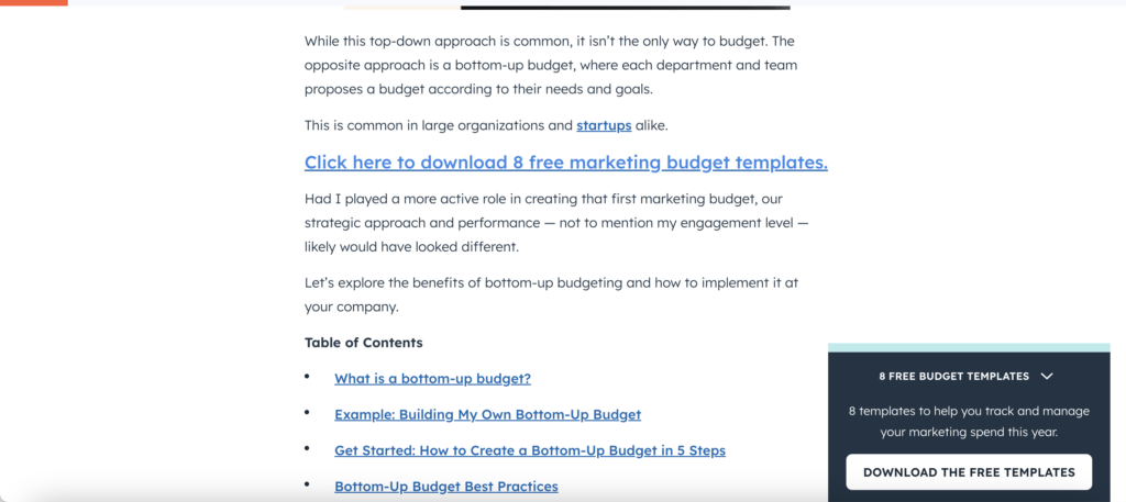 Hubspot blog with lead capture form popup on the side that says 8 free budget templates, download template. 